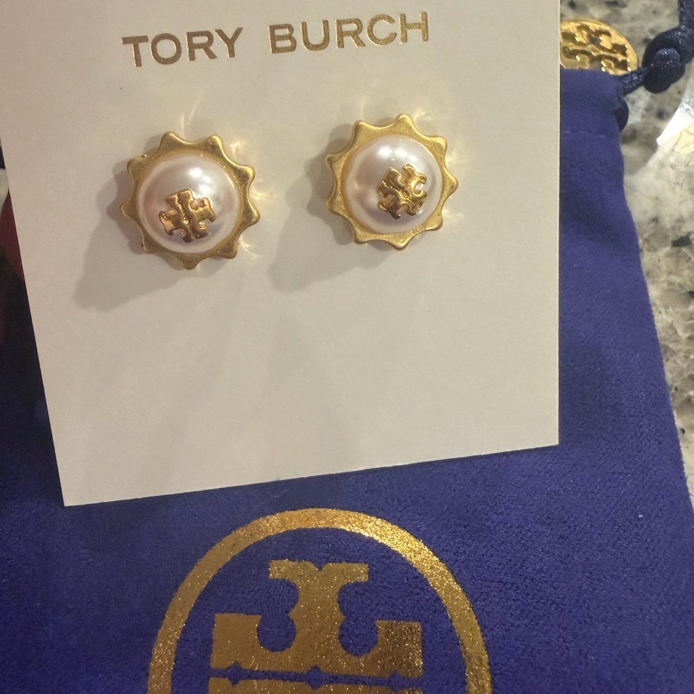 Tory Burch Gold and Cream Stud Earrings